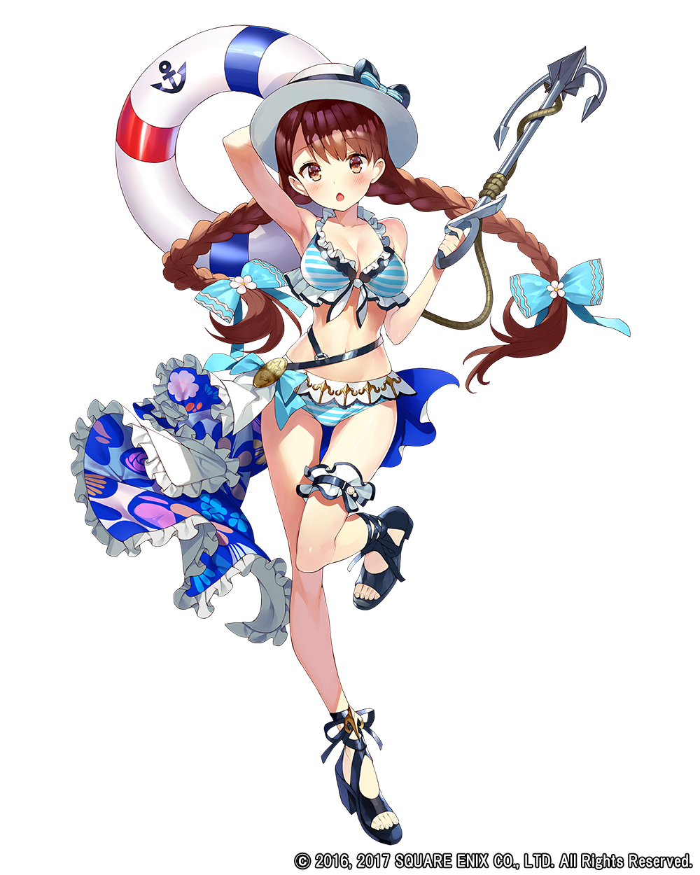1girl anchor arm_garter bikini black_sandals blue_bikini blue_bow blush bow braid brown_hair dorothy_(grimms_notes) dorothy_(summer)_(grimms_notes) full_body gaou_(umaiyo_puyoman) grimms_notes hair_bow hat hat_bow high_heel_sandals high_heels highres holding lifebuoy long_hair looking_at_viewer official_art parted_lips sandals simple_background solo standing standing_on_one_leg striped_bikini striped_clothes swim_ring swimsuit toenails twin_braids watermark white_background