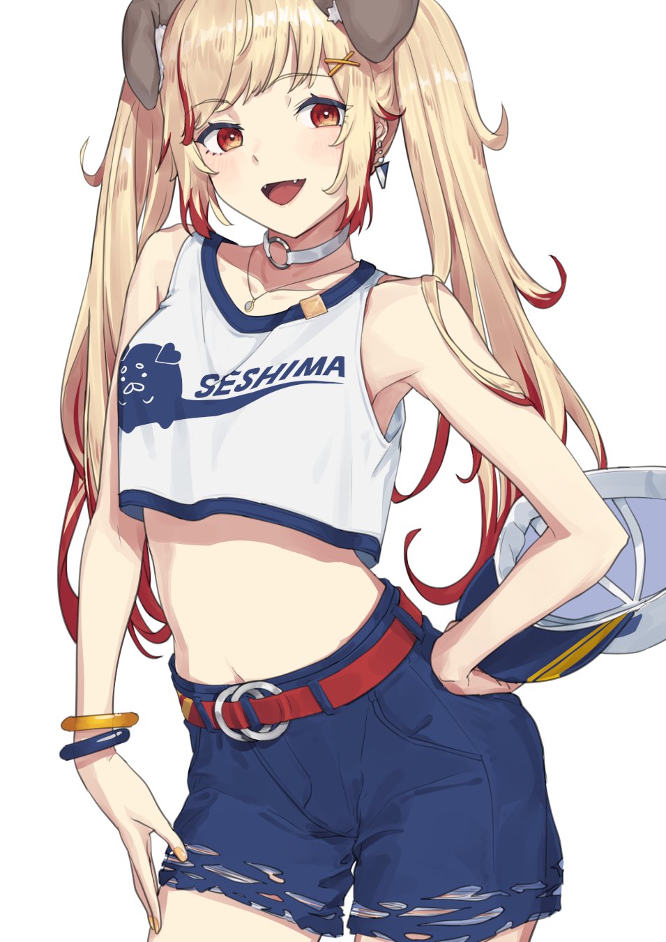 1girl animal_ears atsushima bangle baseball_cap belt blonde_hair blue_shorts blush bracelet breasts choker commentary_request contrapposto cowboy_shot crop_top dog_ears dog_girl earrings extra_ears fangs hat highres holding holding_unworn_clothes holding_unworn_hat jewelry long_hair looking_at_viewer midriff nanashi_inc. navel o-ring o-ring_choker open_mouth red_belt red_hair seshima_rui shirt shorts simple_background sleeveless sleeveless_shirt small_breasts smile solo torn_clothes torn_shorts twintails unworn_hat unworn_headwear virtual_youtuber white_background white_choker white_hat white_shirt