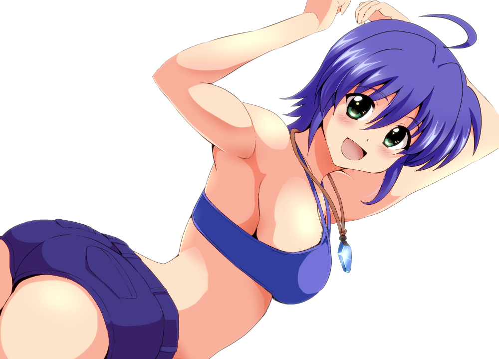 1girl ahoge armpits ass azumaya_hironaru bikini blue_bikini blue_hair blue_shorts blush breasts green_eyes jewelry large_breasts looking_at_viewer lyrical_nanoha mahou_shoujo_lyrical_nanoha_strikers necklace open_mouth short_hair shorts simple_background smile solo subaru_nakajima swimsuit white_background