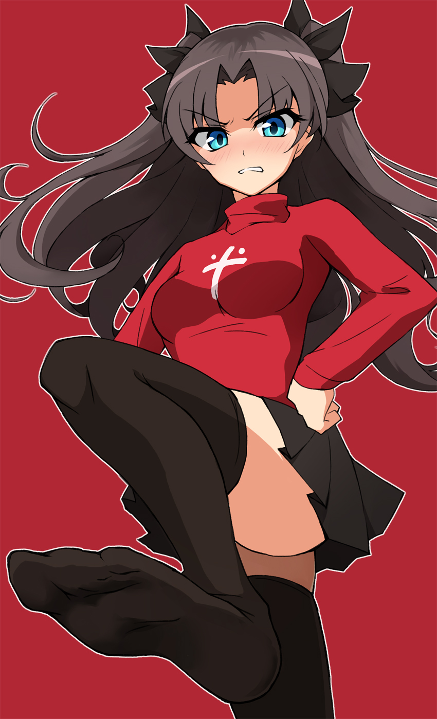 1girl angry black_hair black_skirt black_thighhighs blue_eyes blush breasts clenched_hand clenched_teeth fate/stay_night fate_(series) feet female_focus hair_ribbon hand_on_own_hip highres legs long_hair long_sleeves looking_at_viewer looking_down nel-c pleated_skirt red_background red_sweater ribbon simple_background skin_tight skindentation skirt solo standing standing_on_one_leg sweater teeth thighhighs toes tohsaka_rin turtleneck twintails two_side_up v-shaped_eyebrows