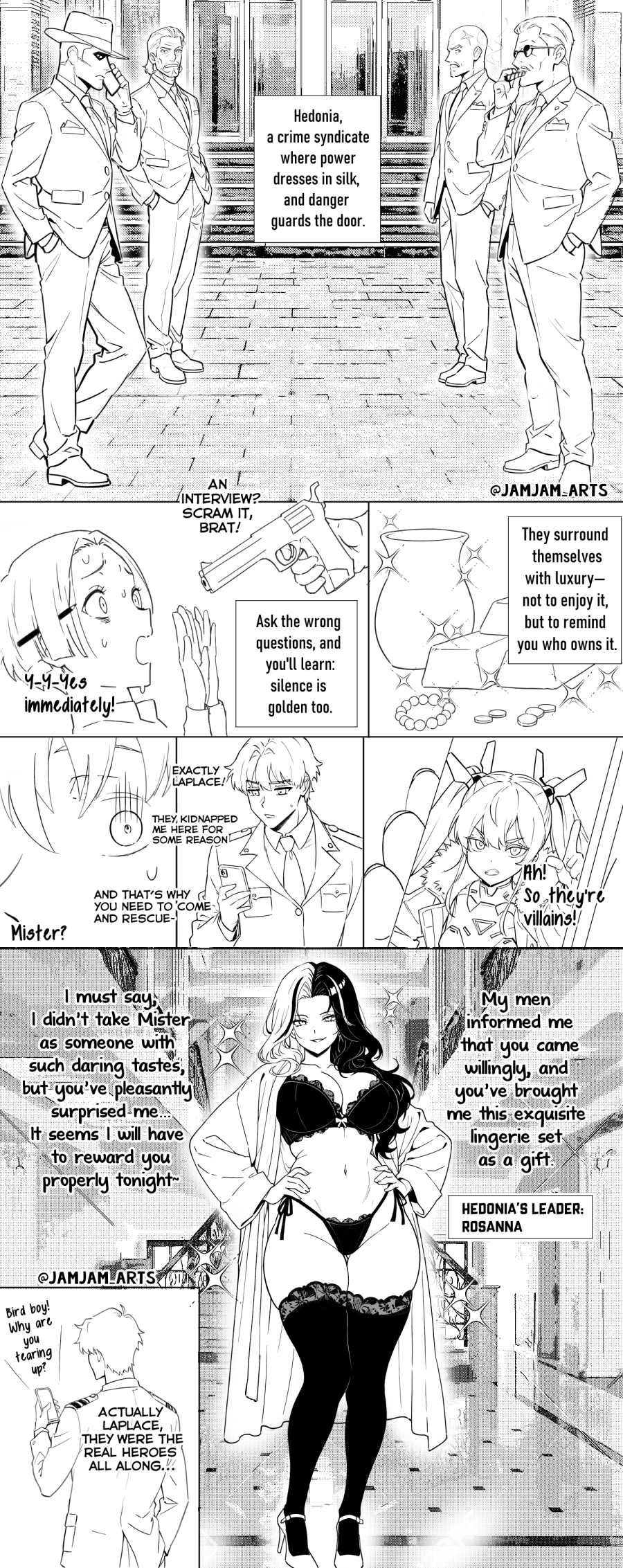 3girls 5boys bathrobe black_bra black_hair black_panties black_thighhighs bra breasts cellphone comic commander_(nikke) constricted_pupils cowboy_shot formal_clothes full_body goddess_of_victory:_nikke hands_on_own_hips high_heels highres indoors jamjamstyle laplace_(nikke) large_breasts lingerie long_hair military_uniform multicolored_hair multiple_boys multiple_girls navel outdoors panties phone rosanna_(nikke) side-tie_panties smartphone smoking smug standing suit sunglasses text_focus thighhighs two-tone_hair underwear white_hair