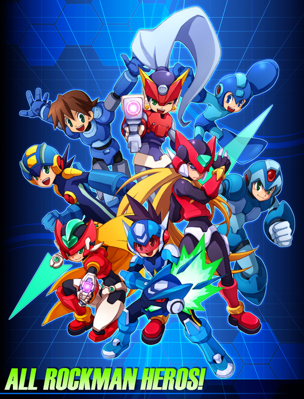 2girls 6+boys aile_(mega_man_zx) arm_cannon ashe_(mega_man) energy_sword blonde_hair blue_eyes boots brown_hair buster capcom fur_collar green_eyes helmet high_ponytail hoshikawa_subaru jumping laser_blade long_hair mega_man_(classic) mega_man_(series) mega_man_battle_network mega_man_legends_(series) mega_man_star_force_(series) mega_man_volnutt mega_man_x_(series) mega_man_zero_(series) mega_man_zx mega_man_zx_advent megaman.exe multiple_boys multiple_girls open_mouth outstretched_arm ponytail running smile standing text_focus vent_(mega_man) visor weapon x_(mega_man) zero_(mega_man)