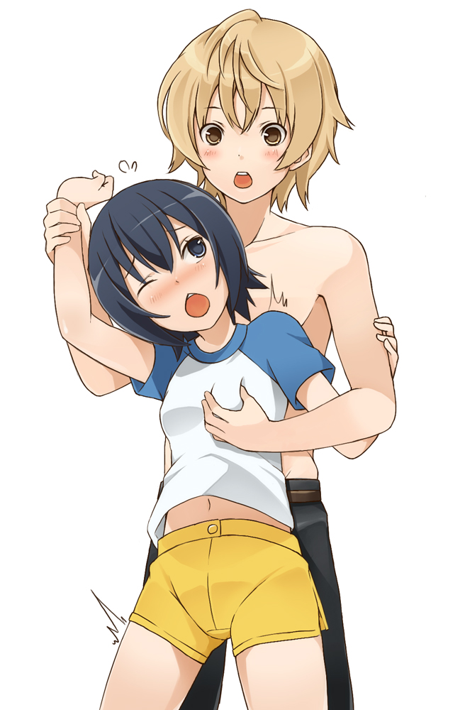 1boy 1girl ;o bad_id bad_pixiv_id black_eyes black_hair blonde_hair blush breasts chestnut_mouth fujioka_(minami-ke) grabbing_another&#039;s_breast groping hetero minami-ke minami_touma mo-fu navel one_eye_closed raglan_sleeves shorts struggling sweatdrop topless_male wink yellow_eyes