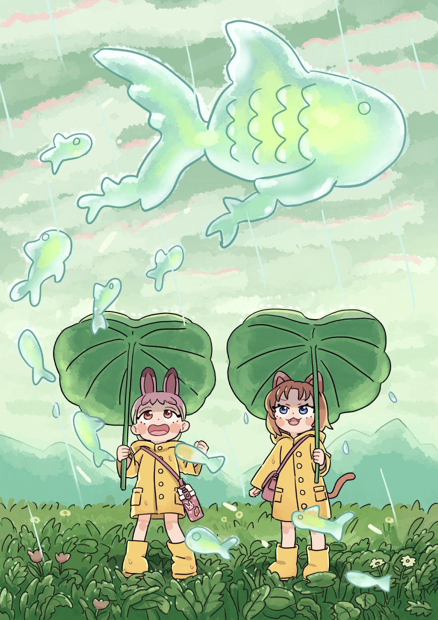 2girls :3 :d animal_ears bag blue_eyes blush_stickers boots brown_hair bubble cat_ears cat_girl cat_tail commentary_request fangs fish flower full_body grass highres holding holding_leaf leaf leaf_umbrella long_sleeves looking_up mountainous_horizon multiple_girls open_mouth original outdoors pink_bag pink_hair rabbit_ears rain raincoat red_eyes rubber_boots short_hair shoulder_bag smile standing tail uzumaki_osushi yellow_boots yellow_raincoat