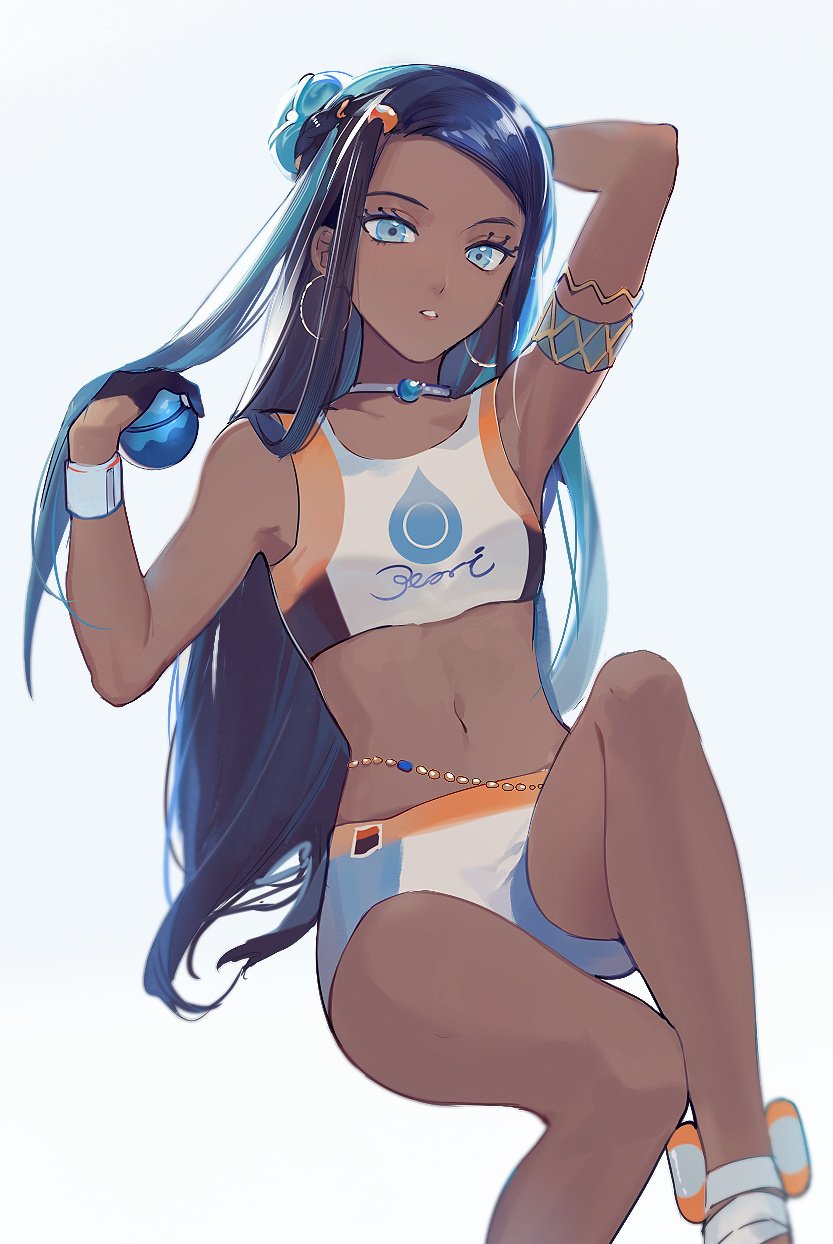 1girl arashiko_falcom arm_up armband armlet armpits belly_chain bikini black_gloves blue_eyes blue_gemstone blue_hair breasts commentary dark-skinned_female dark_skin dive_ball dynamax_band earrings expressionless eyelashes feet_out_of_frame gem gloves grey_background hair_bobbles hair_bun hair_ornament half_gloves hand_in_own_hair hand_on_own_head highres holding holding_poke_ball hoop_earrings jewelry light_blue_hair long_hair looking_at_viewer multicolored_hair navel nessa_(pokemon) nintendo parted_lips poke_ball pokemon pokemon_swsh sidelocks simple_background single_glove single_hair_bun single_half_glove sitting small_breasts solo stomach swimsuit tankini two-tone_hair