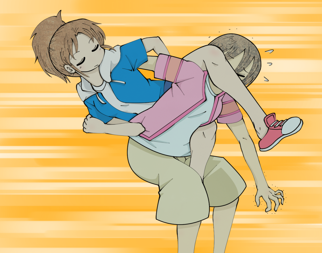 2girls a-king arawi_keiichi_(style) brown_hair brown_shorts city_(arawi_keiichi) commentary_request elbowing closed_eyes flying_sweatdrops hood hoodie leg_lock locked_arms multiple_girls nagumo_midori niikura_ayumu on_person orange_background parody pink_shirt ponytail shirt shoes shorts sneakers style_parody wrestling