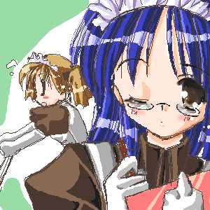 2000s_(style) alternate_hair_color ayase_mai_(jelly^2_fish) blonde_hair blue_hair blush brown_hair clipboard closed_mouth curly_sue glasses gloves holding holding_clipboard holding_pen kafra_uniform leilah_(ragnarok_online) long_hair looking_at_viewer lowres maid maid_headdress oekaki one_eye_closed open_mouth pen puffy_short_sleeves puffy_sleeves ragnarok_online short_hair short_sleeves short_twintails twintails upper_body white_gloves