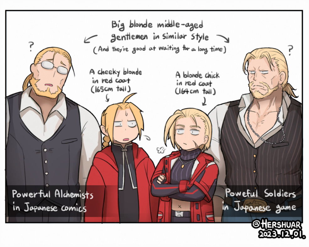1girl 3boys ? ahoge arrow_(symbol) artist_name beard belt belt_buckle blonde_hair braid buckle cammy_white coat commentary comparison confused crossed_arms crossover dated edward_elric english_commentary english_text facial_hair father_and_son frown fullmetal_alchemist glasses guile hershuar jewelry looking_at_another midriff multiple_boys navel necklace puff_of_air red_coat simple_background standing street_fighter street_fighter_6 sweatdrop trait_connection van_hohenheim vest watermark white_background x_navel