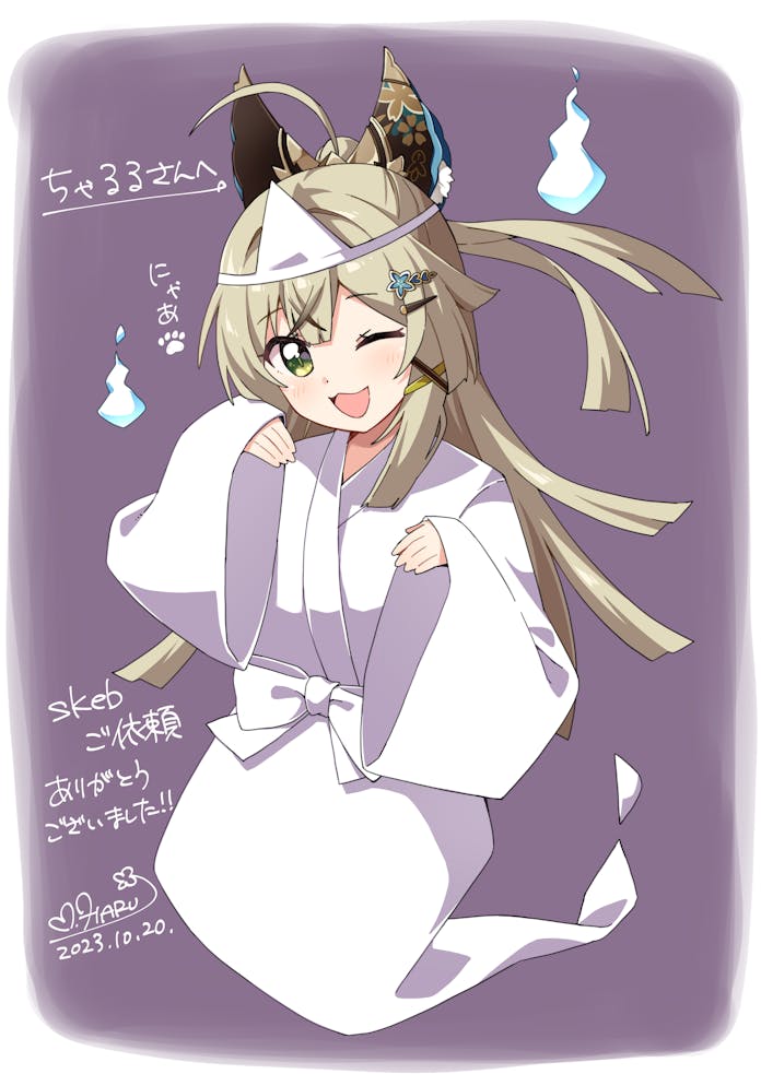 1girl ;d ahoge animal_ear_fluff animal_ears blunt_ends blush border brown_background cat_ears cat_girl commentary_request commission dated full_body genshin_impact ghost green_eyes green_hair hair_ornament hairclip hands_up haru_(konomi_150) hitodama japanese_clothes kimono kirara_(genshin_impact) long_hair long_sleeves looking_at_viewer nyan one_eye_closed open_mouth signature simple_background skeb_commission smile solo triangular_headpiece white_border white_kimono wide_sleeves