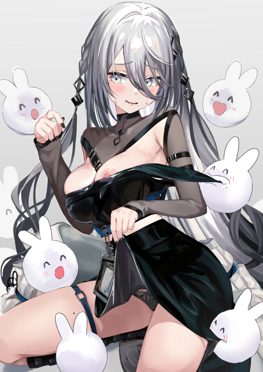 +_+ 1girl arou_(arrow_x666) black_hair black_nails black_panties black_skirt blue_eyes blush braid breasts clothes_lift commentary creature crop_top fingernails gradient_hair grey_hair hair_between_eyes highres lifting_own_clothes long_hair long_hair_between_eyes mole mole_on_thigh mole_under_each_eye mole_under_eye mole_under_mouth multicolored_hair multiple_moles nail_polish nervous_smile nijisanji nipple_slip nipples open_mouth panties side_braids skirt skirt_lift sleeves_past_wrists smile sophia_valentine sophia_valentine_(1st_costume) sweat thigh_strap underwear virtual_youtuber wavy_mouth