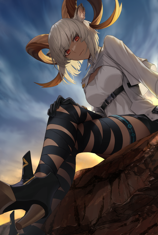 1girl animal_ears arknights arm_support belt black_belt black_footwear black_gloves black_legwear black_ribbon black_shorts bob_cut brown_horns carnelian_(arknights) collared_jacket commentary crossed_legs curled_horns dark-skinned_female dark_skin dirt from_below gazelle_ears gazelle_horns gloves hand_on_own_knee high_heels horns infection_monitor_(arknights) jacket long_sleeves looking_at_viewer looking_down medium_hair on_ground open_clothes open_jacket outdoors red_eyes ribbon ribbon_legwear roki_(shouka65) shirt shorts sitting sky solo twilight white_hair white_jacket white_shirt white_sleeves wing_collar