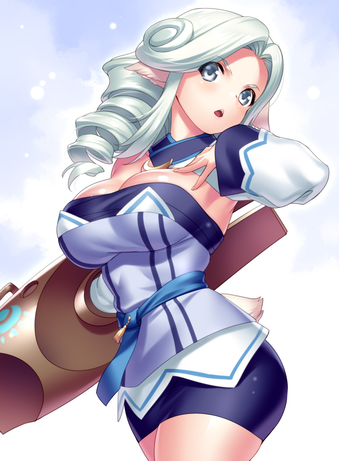 1girl animal_ears aqua_hair blue_background blue_dress blue_sash blush breasts claw_hammer commentary_request cowboy_shot crescent curly_hair curvy detached_sleeves dress drill_hair forehead grey_eyes hammer hand_up large_breasts long_hair long_sleeves looking_at_viewer munechika open_mouth parted_bangs sash shiny_skin simple_background solo strapless strapless_dress tail teeth upper_teeth_only utawarerumono utawarerumono:_itsuwari_no_kamen v-shaped_eyebrows wide_sleeves zen_(kamuro)