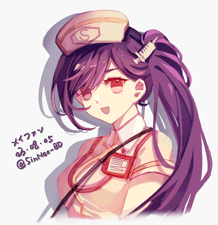 asymmetrical_bangs bag collared_dress dated dress drop_shadow hat lanyard liu_mei_fan long_hair mole mole_under_eye name_tag nurse nurse_cap official_alternate_costume parted_bangs purple_hair red_eyes short_sleeves shoujo_kageki_revue_starlight shoujo_kageki_revue_starlight_-re_live- shoulder_bag side_ponytail sinnao_bd smile syringe_hair_ornament twitter_username very_long_hair