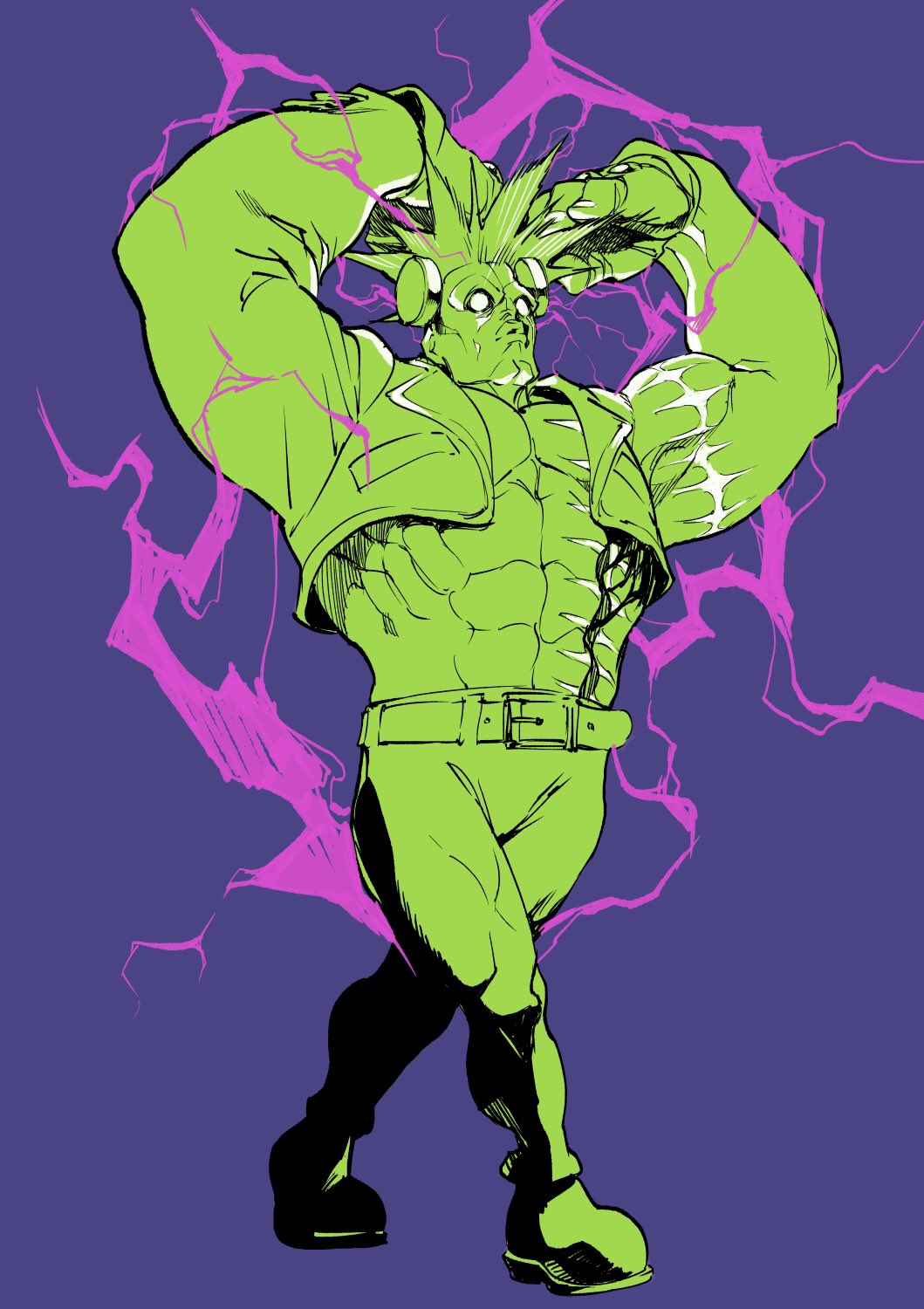 1boy abs ahn_dongshik arms_up belt belt_buckle biceps blank_eyes bolt_(hardware) buckle cleft_chin cropped_jacket darkstalkers deltoids electrocution fingerless_gloves fingernails full_body gloves green_theme highres huge_eyebrows jacket large_hands lightning limited_palette male_focus muscular muscular_arms muscular_male no_shirt open_clothes open_jacket pants pectorals pink_light puckered_lips purple_background ribs scar scar_on_arm scar_on_chest shoes short_hair single_sleeve spiked_hair studded_gloves surgical_scar tight_clothes tight_pants triceps updo victor_von_gerdenheim walking