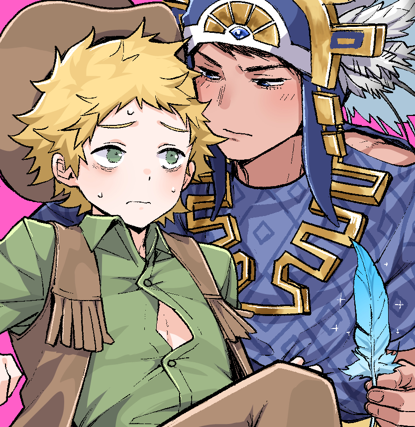 2boys blonde_hair buttons carrying commentary_request cowboy cowboy_hat craig_tucker crown echigoya_takeru feathers gold_trim green_eyes green_shirt hat headdress incan male_focus multiple_boys nervous nervous_sweating pink_background princess_carry shirt south_park sweat tweek_tweak vest western