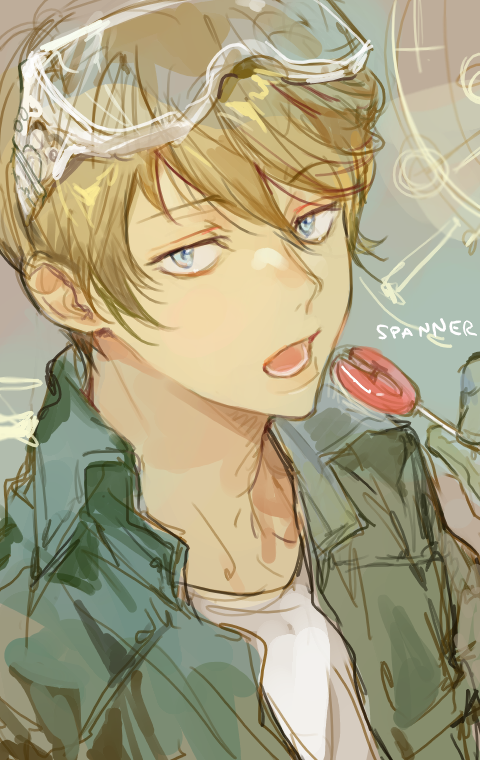 1boy blonde_hair blue_eyes blue_jacket candy food goggles goggles_on_head hair_between_eyes hand_up holding holding_candy holding_food holding_lollipop jacket jitome katekyo_hitman_reborn! kuzuvine lollipop looking_at_viewer lower_teeth_only male_focus open_clothes open_jacket open_mouth portrait shirt short_hair solo spanner_(reborn!) teeth white_shirt