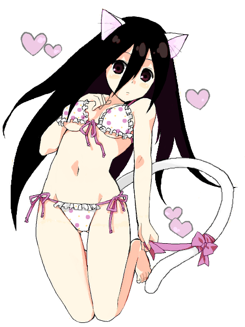 00s 1girl animal_ears arched_back barefoot bikini black_hair bow breasts brown_eyes cat_ears cat_tail ekra female_focus frilled_bikini frills front-tie_top full_body groin hand_on_another&#039;s_chest hand_on_own_chest heart kneeling komori_kiri long_hair lowleg lowleg_bikini medium_breasts navel polka_dot ribbon sayonara_zetsubou_sensei side-tie_bikini_bottom simple_background solo string_bikini swimsuit tail thigh_gap thighs underboob