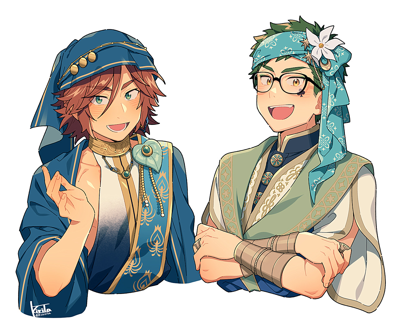 2boys arabian_clothes blue_veil blush cropped_torso crossed_arms crossover ensemble_stars! fingernails flower green_eyes green_hair kiri_futoshi looking_at_viewer male_focus mikejima_madara multiple_boys open_mouth pectorals sidepec trey_clover twisted_wonderland veil white_flower yellow_eyes