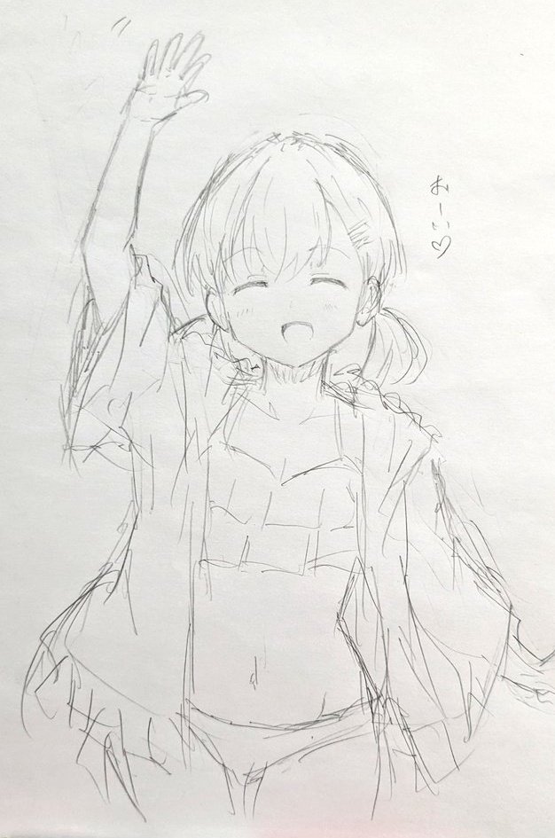 1girl :d ^_^ arm_up bikini blush breasts cleavage closed_eyes collarbone commentary cowboy_shot facing_viewer frilled_bikini frills graphite_(medium) hinoshita_kaho hinoshita_kaho_(swimsuit) jacket link!_like!_love_live! love_live! low_twintails navel official_alternate_costume open_clothes open_jacket open_mouth short-sleeved_jacket short_sleeves short_twintails simple_background sketch smile solo standing stomach swimsuit symbol-only_commentary traditional_media twintails virtual_youtuber white_background yoshinuta