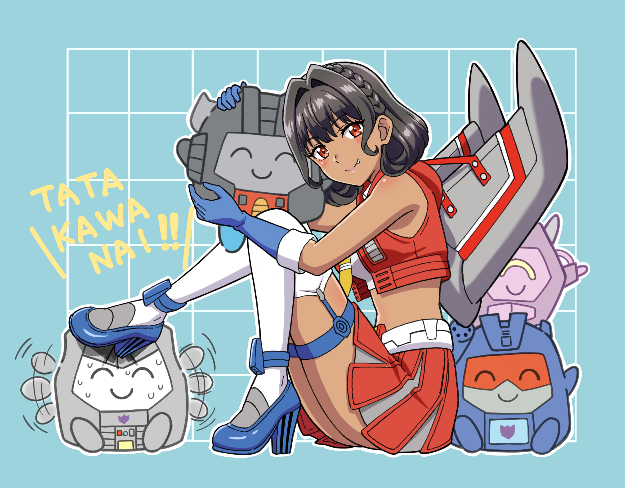 1girl bare_shoulders black_hair blue_gloves character_doll crop_top cropped_shirt cropped_vest dark-skinned_female dark_skin doll fang from_side genderswap genderswap_(mtf) gloves hair_behind_ear hair_intakes high_heels highres holding humanization komagoma kotobukiya_bishoujo looking_at_viewer megatron midriff necktie red_eyes red_vest shockwave_(transformers) short_hair sitting skirt smile soundwave_(transformers) starscream starscream_(kotobukiya_bishoujo) thighhighs transformers vest wings yellow_necktie