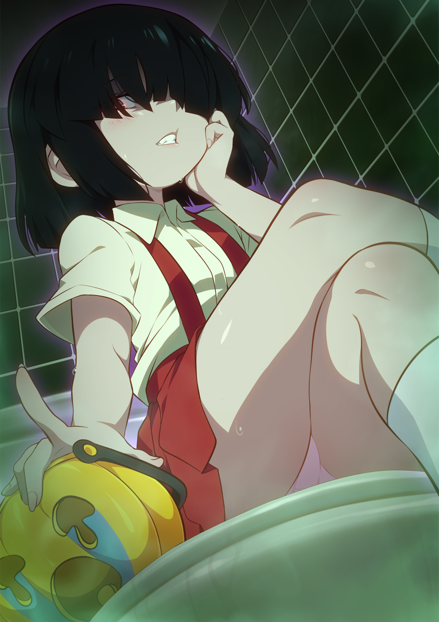 1girl black_hair character_request commentary copyright_request crossed_legs crying_emoji emoji english_commentary hanako-san highres jcm2 loli paid_reward_available panties pantyshot pink_panties sitting skirt socks solo underwear