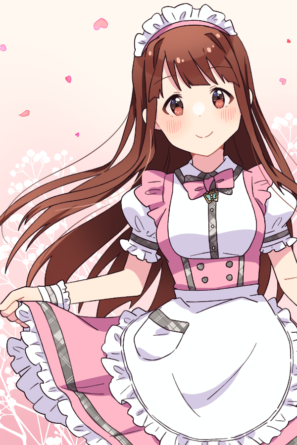 1girl apron blunt_bangs blush bow bowtie breasts brown_eyes brown_hair buttons closed_mouth collar cowboy_shot curtsey dot_nose dress falling_petals floating_hair floral_background frilled_apron frilled_dress frills gradient_background idolmaster idolmaster_million_live! idolmaster_million_live!_theater_days koma_tori light_smile long_hair looking_at_viewer maid_apron maid_headdress medium_breasts official_alternate_costume petals pink_bow pink_bowtie pink_dress plaid_trim pretty_waitress_(idolmaster) puffy_short_sleeves puffy_sleeves short_sleeves sidelocks solo straight_hair tanaka_kotoha white_apron white_collar wrist_cuffs