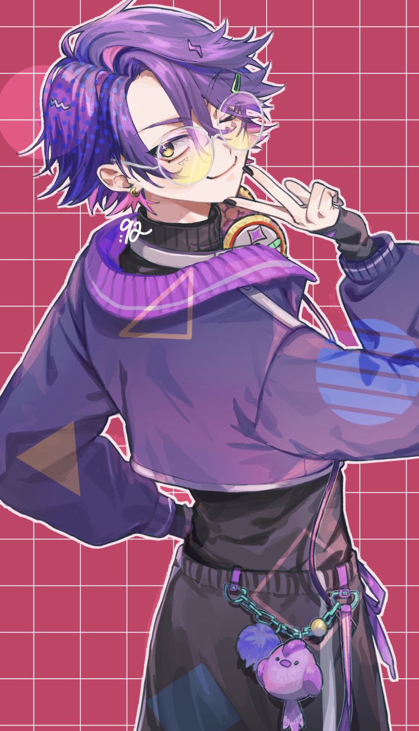 1boy black_nails black_pants black_shirt cable chain charm_(object) closed_mouth colored_inner_hair commentary_request cropped_jacket drawstring earrings facial_mark fang fang_out fingernails glasses grid_background hair_between_eyes hair_ornament hairclip hand_on_own_hip hand_up headphones headphones_around_neck highres jacket jewelry kuzumiya_yuyu lightning_bolt lightning_bolt_hair_ornament lightning_bolt_symbol long_sleeves looking_at_viewer looking_back male_focus multicolor-tinted_eyewear multicolored_eyes multicolored_hair nail_polish nijisanji one_eye_closed outline pants parted_bangs pink_hair pom_pom_(clothes) purple-tinted_eyewear purple_eyes purple_hair purple_jacket purple_ribbon red_background ribbon round_eyewear shirt short_hair simple_background skin_fang sleeves_past_wrists smile solo standing stuffed_animal stuffed_bird stuffed_toy tinted_eyewear turtleneck two-tone_hair v virtual_youtuber watarai_hibari white_outline yellow-tinted_eyewear yellow_eyes