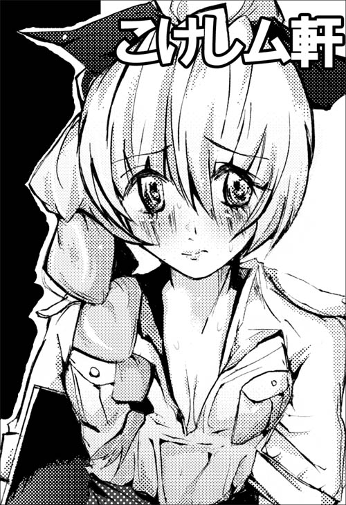 00s 1girl blush breasts circle_cut cleavage female_focus full_metal_panic! greyscale kokeshi_men monochrome solo teletha_testarossa