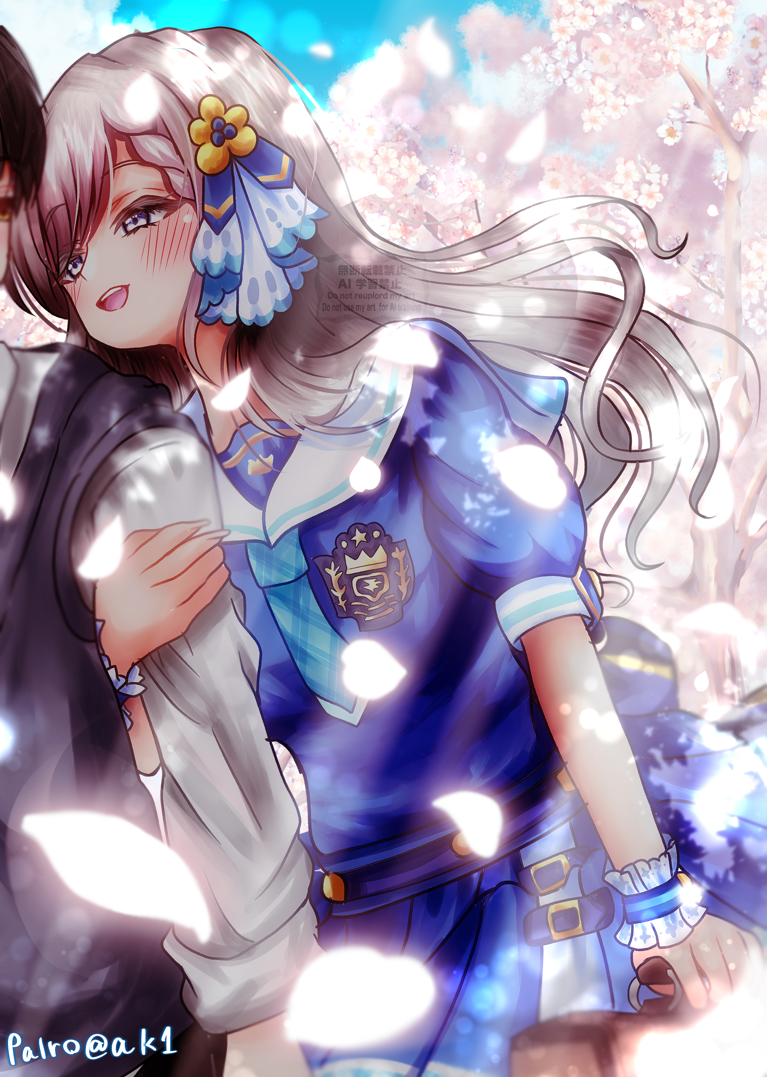 1boy 1girl absurdres artist_name asymmetrical_bangs bag black_hair black_sweater_vest blue_serafuku blush braid braided_bangs cherry_blossoms commentary_request falling_petals floating_hair frilled_wristband grey_hair hetero highres hisakawa_hayate holding holding_bag idolmaster idolmaster_cinderella_girls locked_arms long_hair looking_at_another outdoors palro_ak1_e petals pleated_skirt puffy_short_sleeves puffy_sleeves sailor_collar school_uniform serafuku shirt short_sleeves skirt smile solo_focus sweater_vest very_long_hair watermark white_sailor_collar white_shirt