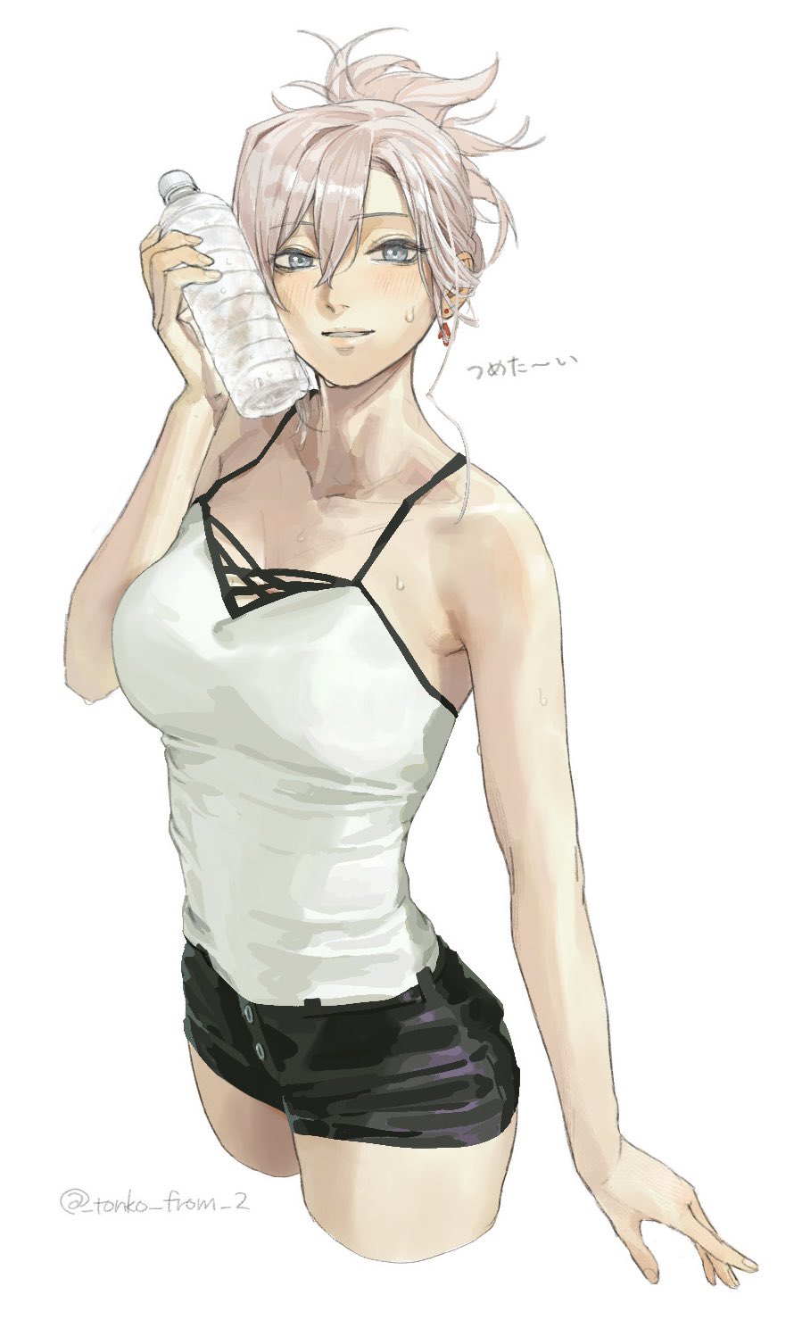 1girl alternate_costume armpit_crease bare_arms bare_shoulders black_shorts blue_eyes blush bottle bottle_to_cheek breasts casual collarbone cowboy_shot earrings fate/grand_order fate_(series) grey_hair grin hair_behind_ear hair_between_eyes highres holding holding_bottle jewelry large_breasts looking_at_viewer miyamoto_musashi_(fate) parted_bangs ponytail short_ponytail short_shorts shorts side_part sleeveless smile solo spaghetti_strap strap sweat sweatdrop tank_top tonko_from twitter_username water_bottle white_background white_tank_top