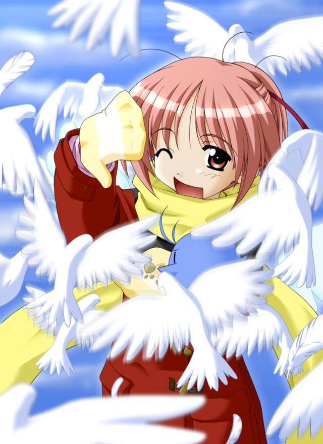 1boy 1girl 2000s_(style) antenna_hair aqua_bird aqua_wings archived_source bird coat cowboy_shot detached_wings duffel_coat feathers flying hair_ribbon karin_(tentama) kindle_imagine_develop looking_at_viewer loose_hair_strand matsuo_yukihiro mittens motion_blur official_art one_eye_closed open_mouth pigeon pink_eyes pink_hair pocket ponytail red_coat red_ribbon red_sleeves ribbon scarf second-party_source tentama tentama:_1st_sunny_side toggles white_bird white_feathers white_wings wings winter_clothes yashiro_shizuka yellow_mittens yellow_scarf