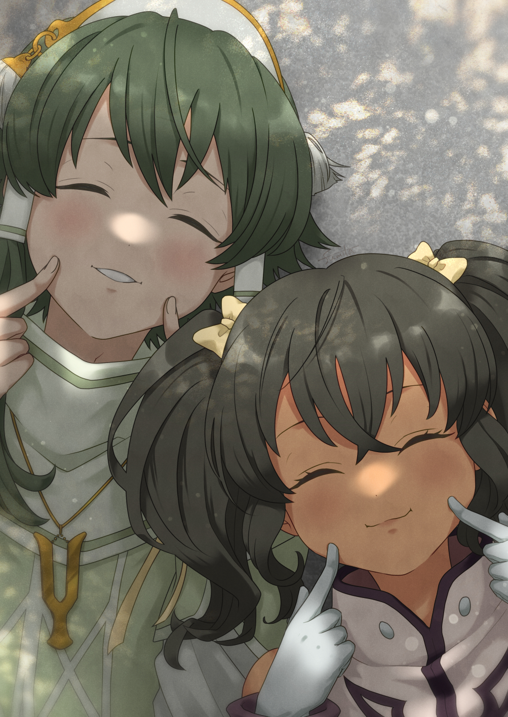1boy 1girl anise_tatlin black_hair blush bow closed_eyes closed_mouth commentary crossed_bangs finger_to_cheek gloves green_hair green_tunic hair_bow hairband high_collar highres ion_(tales) jewelry long_hair mifuta necklace parted_bangs short_hair_with_long_locks sidelocks smile tales_of_(series) tales_of_the_abyss tunic twintails upper_body white_gloves white_hairband yellow_bow