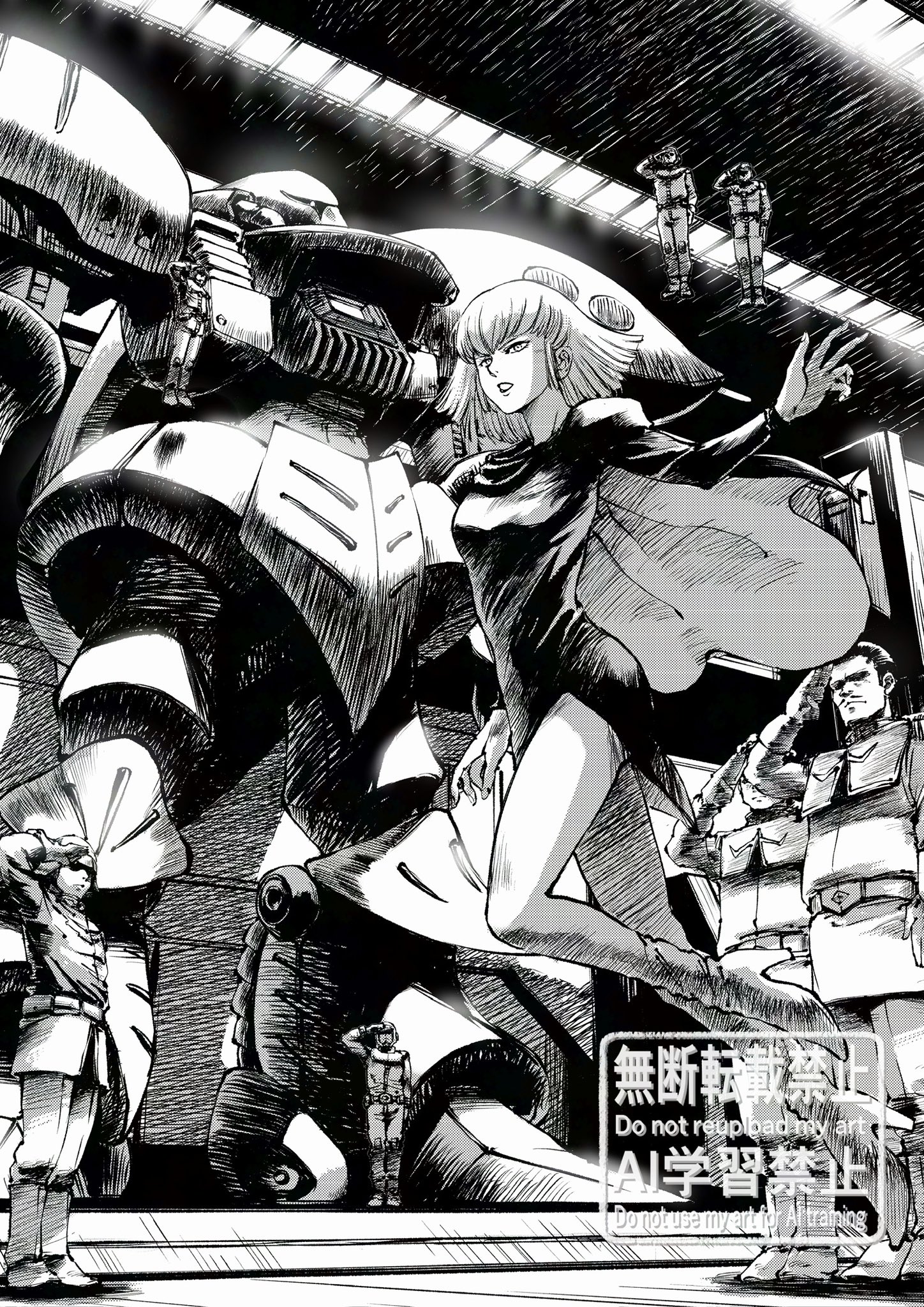 1girl 6+boys boots cape commentary_request floating_cape greyscale gundam haman_karn hatching_(texture) high_heel_boots high_heels highres kaeru_no_papa linear_hatching mecha mecha_pilot_suit medium_hair military_uniform mobile_suit monochrome multiple_boys normal_suit_(gundam) open_mouth outstretched_arm pants qubeley robot salute science_fiction shirt solo_focus standing zeon zero_gravity zeta_gundam