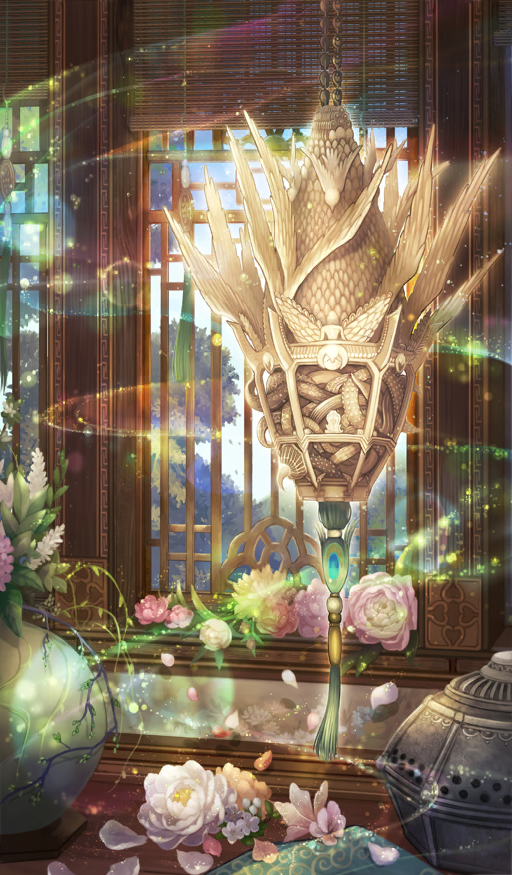 commentary fate/grand_order fate_(series) flower flower_request indoors lens_flare light_particles light_trail miniature no_humans object_focus official_art pink_flower sakumamitsuro sky still_life third-party_source vase white_flower window