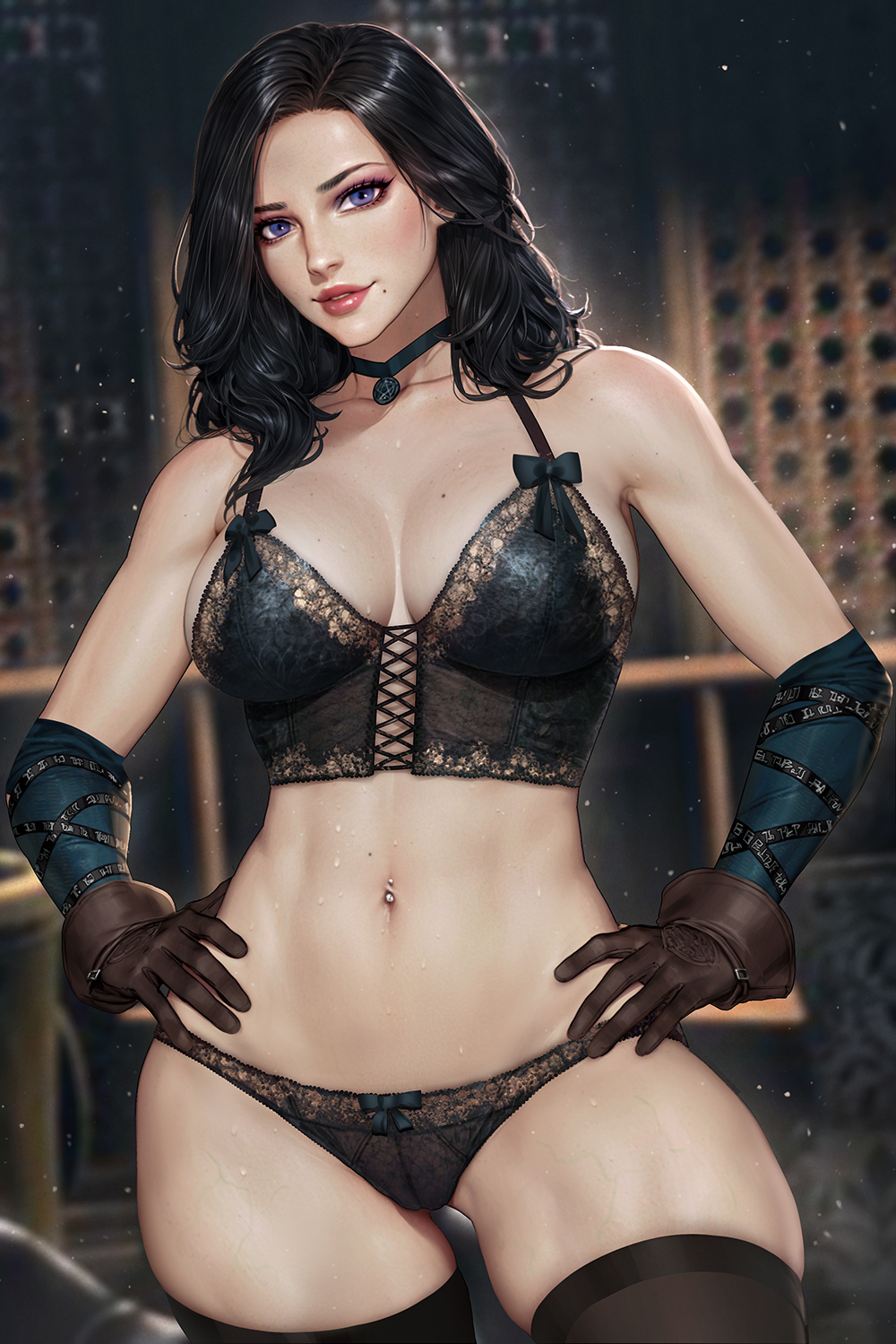 1girl black_hair black_panties blurry blurry_background bow bow_panties breasts brown_gloves collarbone commentary english_commentary gloves hands_on_own_hips highres lips long_hair mixed-language_commentary mole mole_on_breast mole_under_mouth multiple_moles navel_piercing neoartcore panties piercing purple_eyes solo thai_commentary the_witcher_(series) thighhighs thighs underwear yennefer_of_vengerberg