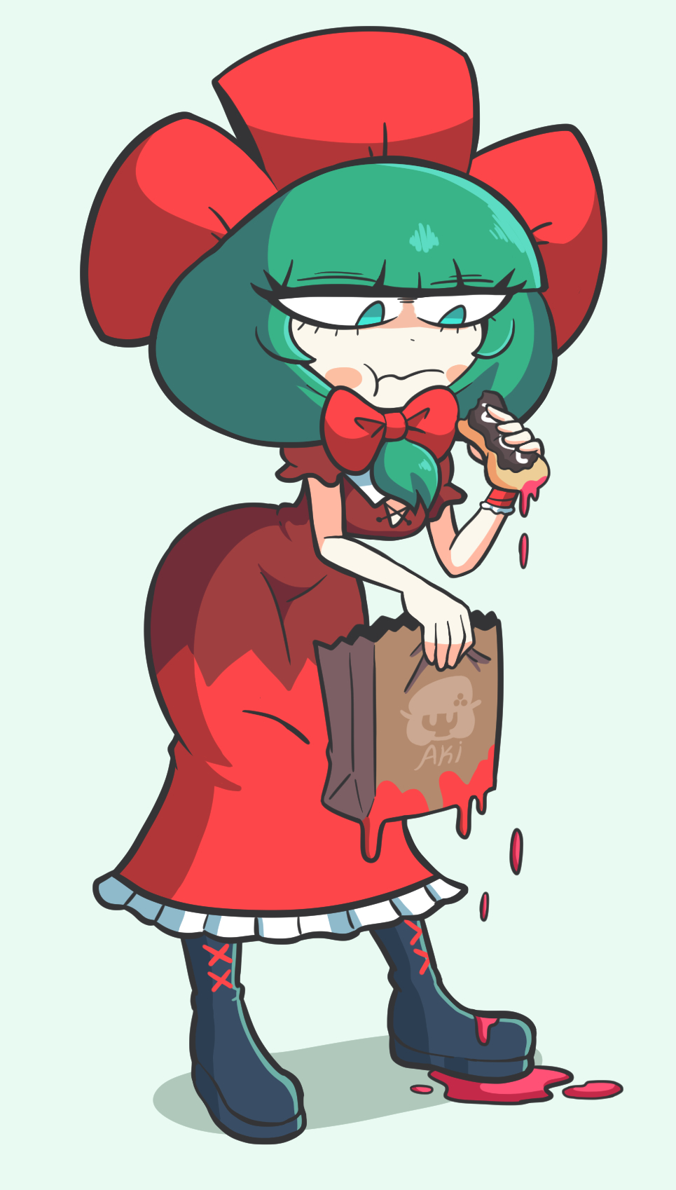 1girl bow dress eating food front_ponytail full_body green_eyes green_hair highres holding holding_food kagiyama_hina kevin_arthur red_bow red_dress red_ribbon ribbon solo touhou