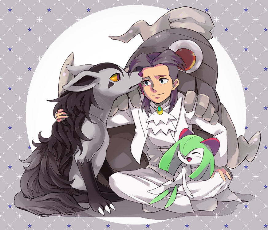 1boy ascot blue_eyes butler_(pokemon:_jirachi:_wish_maker) colored_sclera dusclops full_body gen_3_pokemon hands_on_another&#039;s_shoulders hijirino_yuuta jacket kirlia licking licking_another&#039;s_face male_focus mightyena nintendo open_mouth pants pokemon pokemon:_jirachi:_wish_maker pokemon_(anime) pokemon_(creature) pokemon_rse_(anime) purple_hair short_hair sitting smile white_ascot white_jacket white_pants yellow_sclera