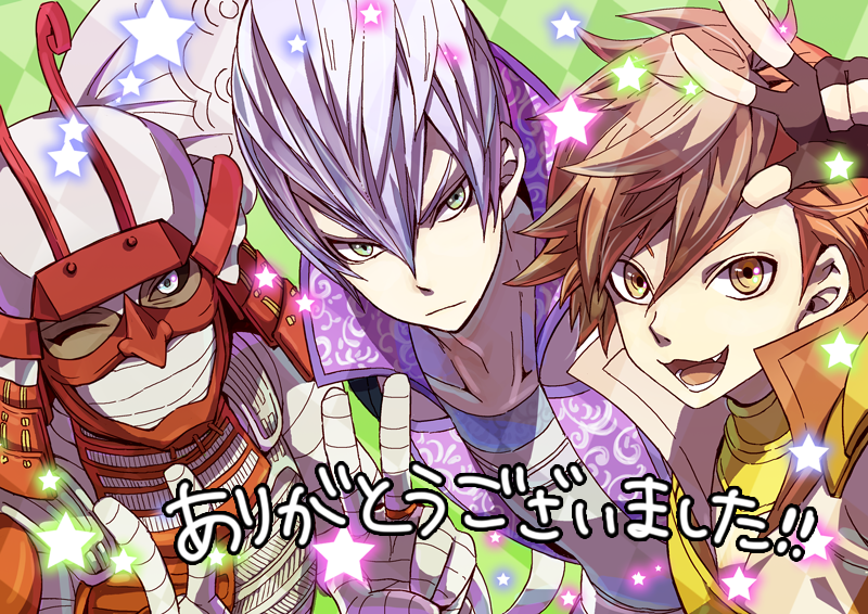 3boys :3 :d armor bandaged_arm bandaged_hand bandaged_head bandages black_sclera brown_hair checkered_background colored_sclera double_v frown green_background green_eyes ha0810 helmet ishida_mitsunari_(sengoku_basara) japanese_armor kabuto_(helmet) looking_at_viewer male_focus multicolored_hair multiple_boys one_eye_closed ootani_yoshitsugu_(sengoku_basara) open_mouth orange_hair portrait sengoku_basara shima_sakon_(sengoku_basara) short_hair smile split-color_hair two-tone_hair v v-shaped_eyebrows white_eyes white_hair yellow_eyes