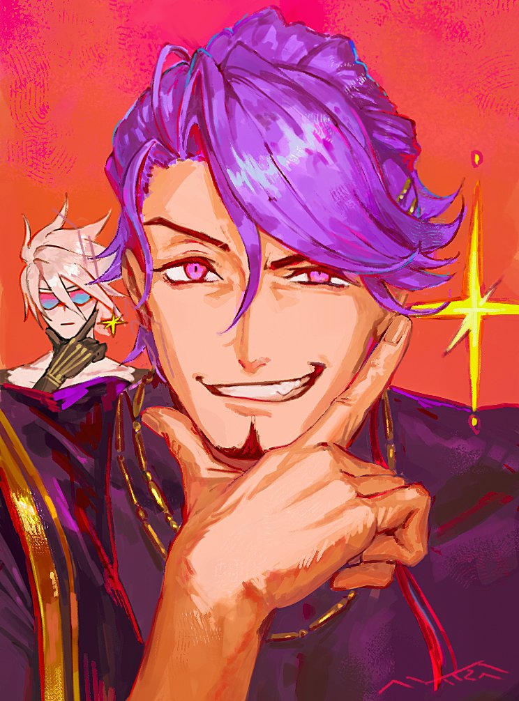 2boys duryodhana_(fate) egawa_akira facial_hair fate/grand_order fate_(series) fingernails goatee grin jewelry karna_(fate) male_focus multiple_boys necklace purple_eyes purple_hair red_background smile sparkle sunglasses white_hair