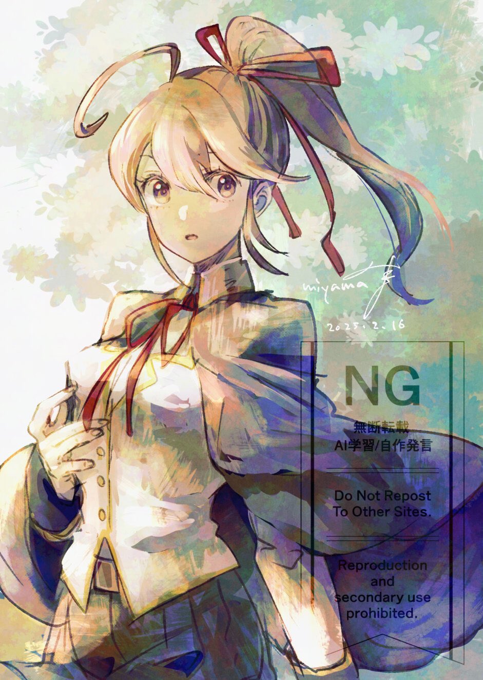 1girl ahoge blazblue blazblue:_chronophantasma blazblue_phase_0 bow brown_eyes brown_hair cape celica_a._mercury hair_ribbon highres long_hair miyama_(lacrima01) ponytail ribbon school_uniform skirt solo watermark