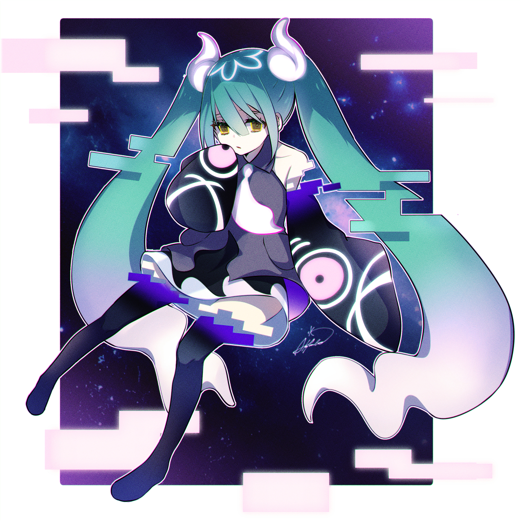 1girl aka_tonbo_(lililil) aqua_hair black_thighhighs commentary detached_sleeves ghost ghost_miku_(project_voltage) glitch gradient_hair grey_shirt hair_between_eyes hatsune_miku long_hair multicolored_hair necktie nintendo pokemon project_voltage shirt signature skirt sleeves_past_fingers sleeves_past_wrists solo thighhighs twintails very_long_hair vocaloid will-o&#039;-the-wisp_(mythology) yellow_eyes