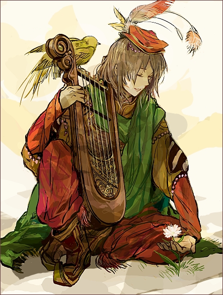 1boy beads bird blonde_hair boots closed_eyes final_fantasy final_fantasy_iv flower edward_chris_von_muir harp hat hat_feather holding holding_flower instrument long_hair looking_down male_focus on_floor parted_lips pointed_footwear scarf sitting sutei_(giru)