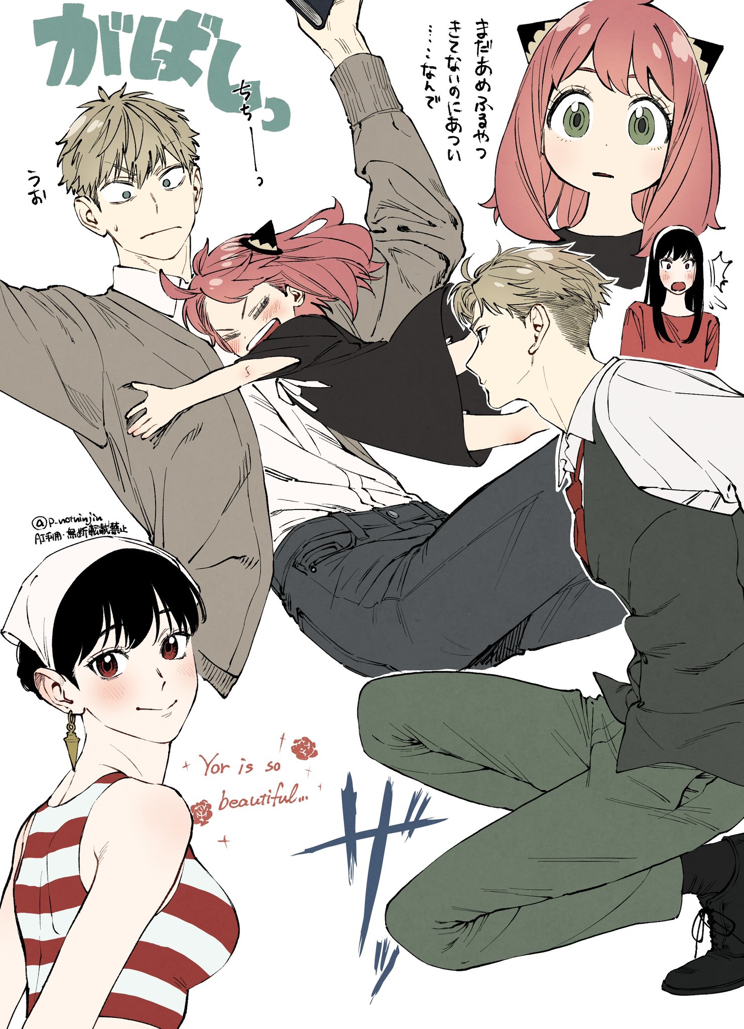 1boy 2girls anya_(spy_x_family) black_dress black_hair blonde_hair blush child collared_shirt dress earrings family father_and_daughter green_eyes hairpods headscarf highres husband_and_wife jacket jewelry mother_and_daughter multiple_girls multiple_views necktie open_clothes open_jacket p_notninjin pants pink_hair red_eyes red_necktie shirt spy_x_family striped_clothes translation_request twilight_(spy_x_family) twitter_username vest white_headscarf white_shirt yor_briar