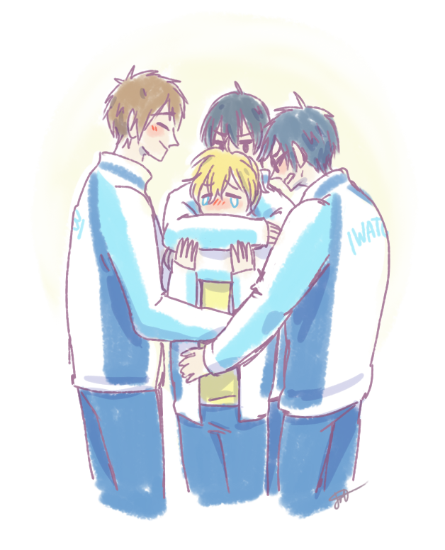 10s 4boys blonde_hair brown_hair free! hazuki_nagisa hug male_focus multiple_boys nanase_haruka_(free!) ryuugazaki_rei tachibana_makoto