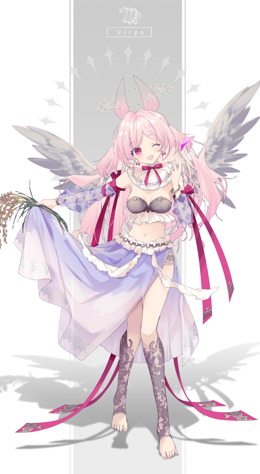 1girl ;d angel_wings animal_ears arm_ribbon bare_shoulders barefoot bow bow_earrings bowtie bra bracelet breasts cleavage crop_top detached_collar detached_sleeves earrings fang frilled_skirt frills full_body grey_background grey_bra grey_wings halo hand_up head_tilt heart highres holding holding_plant implied_extra_ears jewelry konataeru lace_socks long_hair long_sleeves looking_at_viewer medium_breasts midriff nail_polish one_eye_closed open_mouth original outstretched_arm parted_bangs pink_bow pink_bowtie pink_eyes pink_hair pink_nails pink_ribbon plant puffy_long_sleeves puffy_sleeves purple_skirt purple_sleeves purple_socks ribbon see-through_clothes see-through_sleeves shadow side_slit skirt skirt_hold smile socks solo standing strapless strapless_bra toeless_legwear toenail_polish toenails two_side_up underwear virgo_(symbol) virgo_(zodiac) wheat wheat_bundle white_background wings zodiac