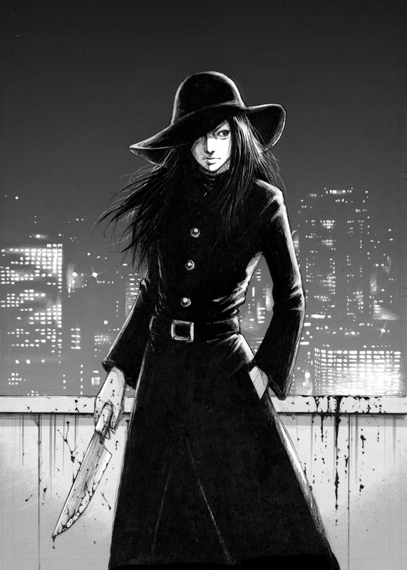 1girl balcony belt blood bloody_knife commentary_request female_prisoner_#701:_scorpion female_prisoner_scorpion_(series) greyscale hand_in_pocket hat kaji_meiko knife long_hair looking_to_the_side matsushima_nami mature_female monochrome one_eye_covered parody reservoirdogskozou solo solo_focus style_parody tagme