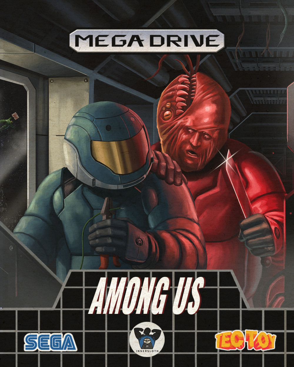 1990s_(style) 3others among_us blue_(among_us) commentary cover crewmate_(among_us) english_commentary fake_cover game_console green_(among_us) hand_on_another&#039;s_shoulder helmet highres holding holding_knife holding_sign horror_(theme) imminent_death impostor_(among_us) knife making-of_available multiple_others opaque_helmet pliers realistic red_(among_us) retro_artstyle sega sega_mega_drive sign space space_helmet spacecraft_interior spacesuit ultimate_ink_trash when_you_see_it wire