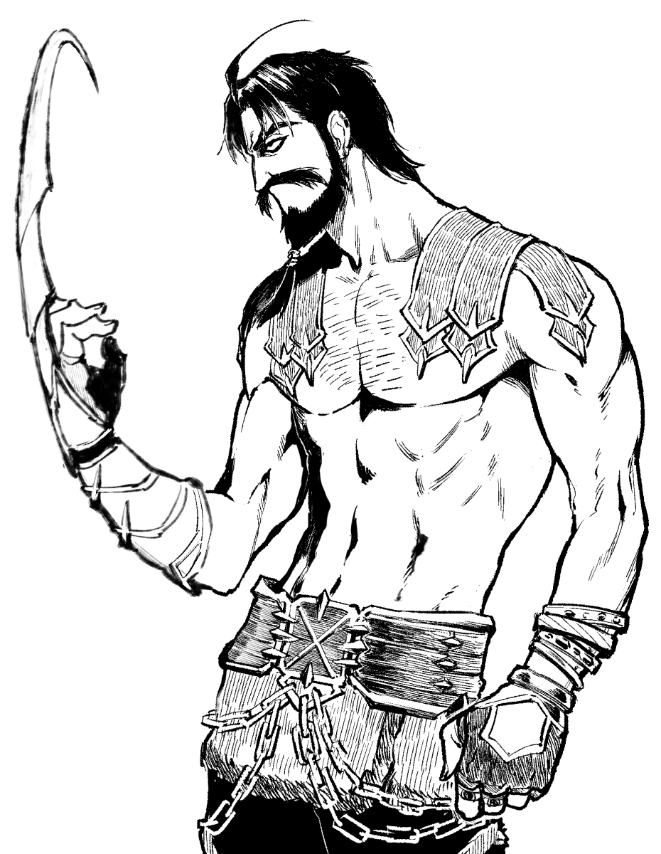 1boy b_suke beard chain chest_hair claw_(weapon) commentary_request edward_teach_(fate) facial_hair fate/grand_order fate_(series) fingerless_gloves gloves greyscale highres male_focus monochrome mustache profile single_glove solo toned toned_male topless_male upper_body weapon