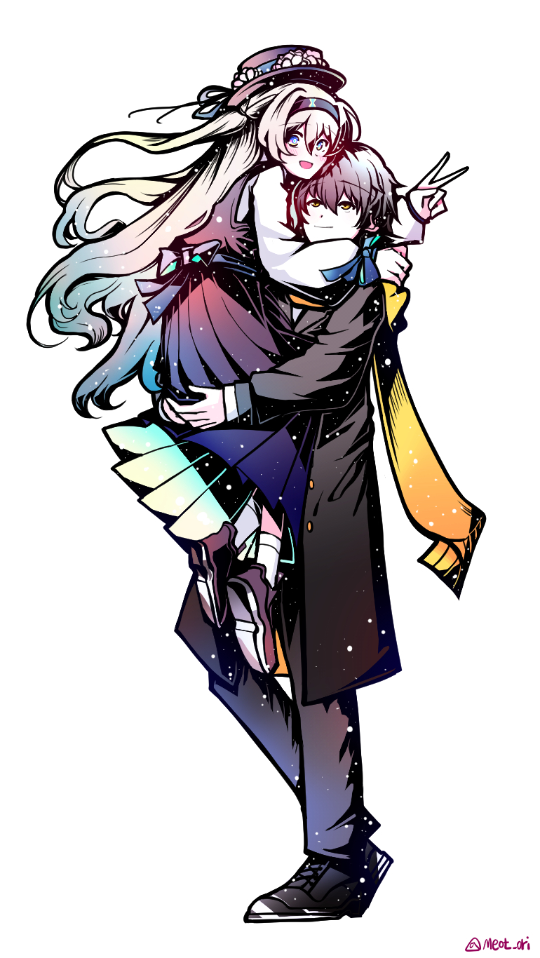 1girl caelus_(honkai:_star_rail) carrying carrying_person electronduck firefly_(honkai:_star_rail) gradient_eyes grey_hair hair_between_eyes hair_intakes hairband highres honkai:_star_rail honkai_(series) multicolored_eyes open_mouth smile trailblazer_(honkai:_star_rail) twitter_username