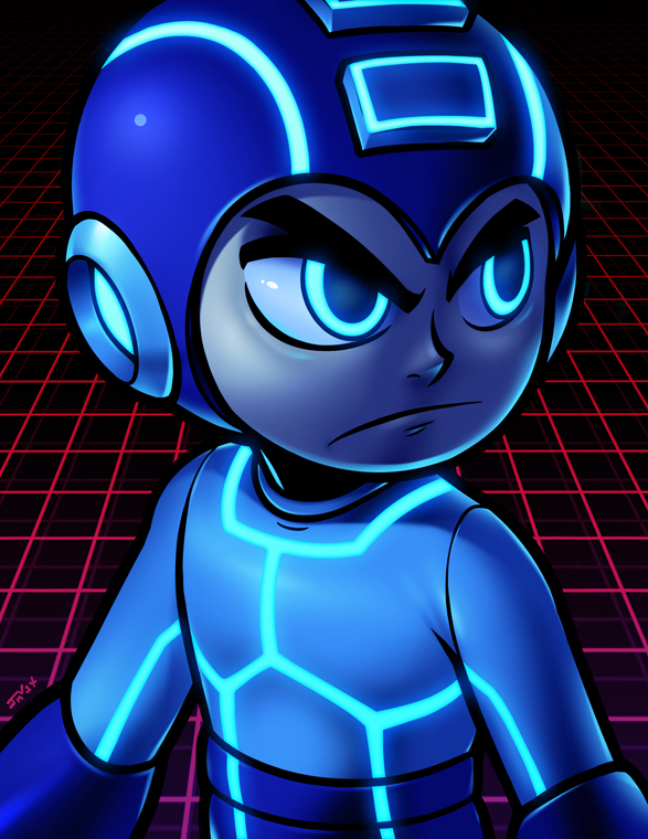 1boy android blue_eyes blue_theme crossover helmet jmanvelez male_focus neon_trim mega_man_(series) mega_man_(character) mega_man_(classic) solo tron